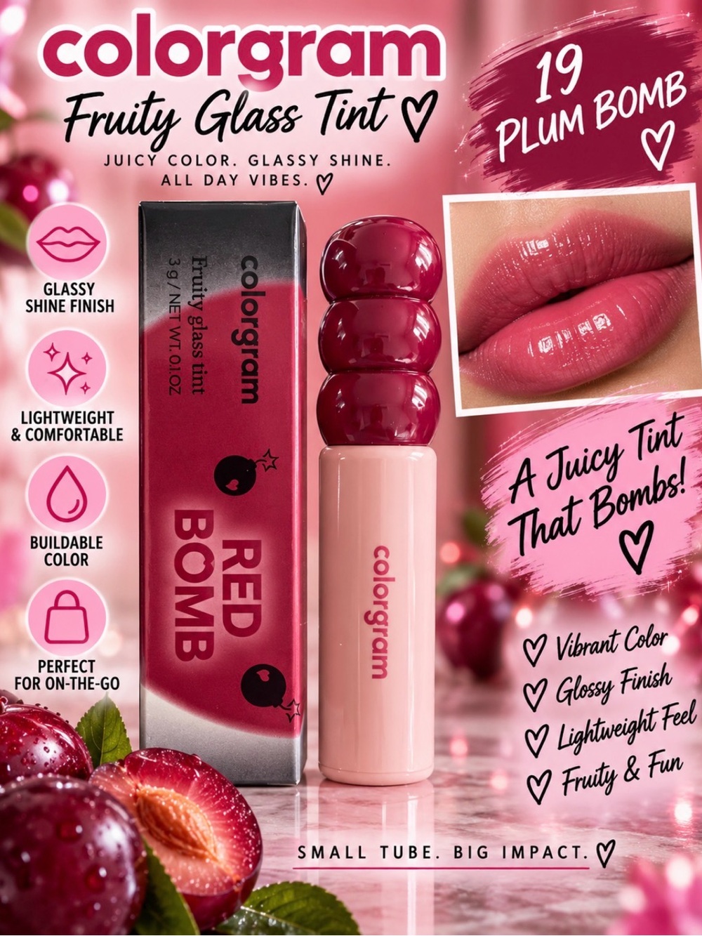 Colorgram RED BOMB - Fruity Glass Tint Lip Gloss - Plum Bomb (19)